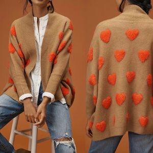 ANTHROPOLOGIE CAMEL BOUCLE HEART KNIT KIMONO CARDIGAN SWEATER WOMENS ONE SIZE